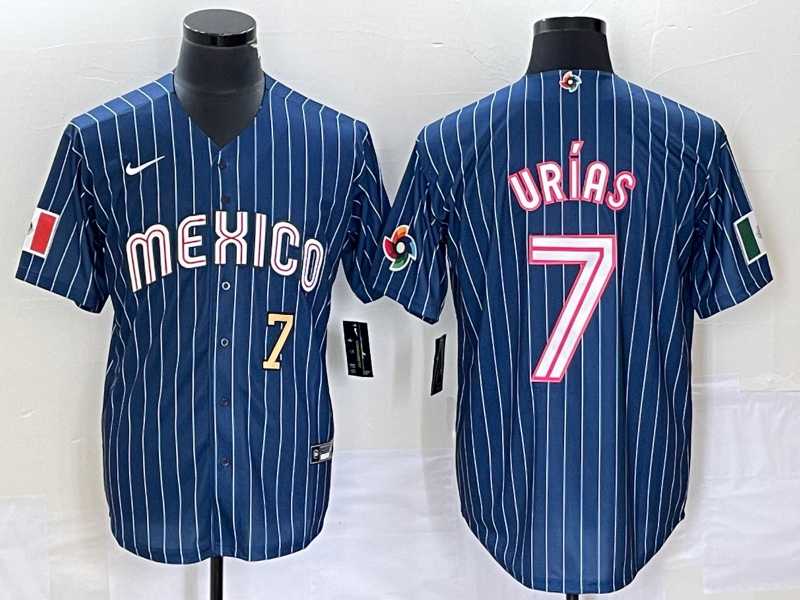 Men%27s Mexico Baseball #7 Julio Urias Number Navy Blue Pinstripe 2020 World Series Cool Base Nike Jersey 1